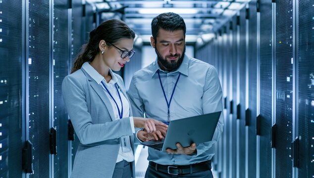 Business team using tablet in modern data center with server racks