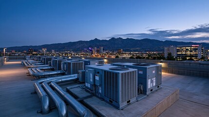 Obraz premium Commercial rooftop HVAC units and metal pipes overlooking illuminated city skyline at dusk