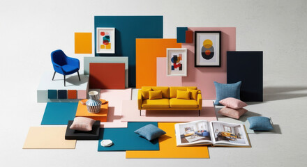 Fototapeta premium Vibrant Geometric Interior Design Arrangement With Modern Furniture