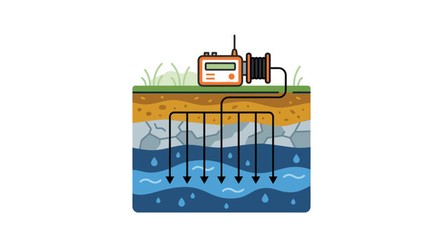 Geophysical ground penetrating radar equipment scanning underground soil layers and water table.