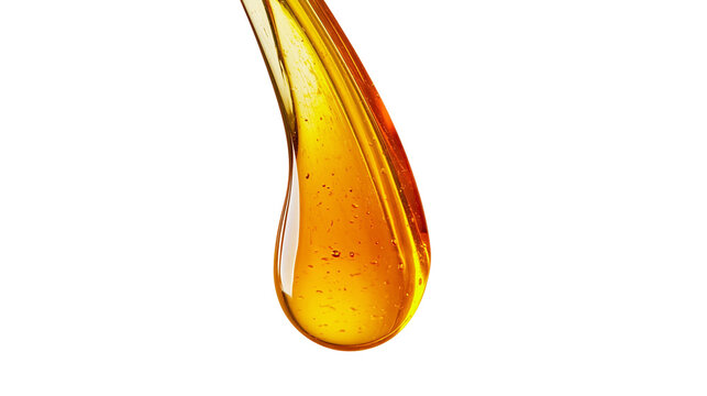 Golden viscous honey drop with air bubbles, isolated on transparent background