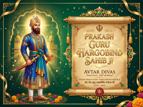 Purab Guru Hargobind Sahib Ji Celebration Graphic Design Template with Golden Sikh Religious Theme