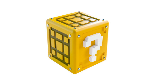 Yellow question mark block with grid pattern, isolated on transparent background