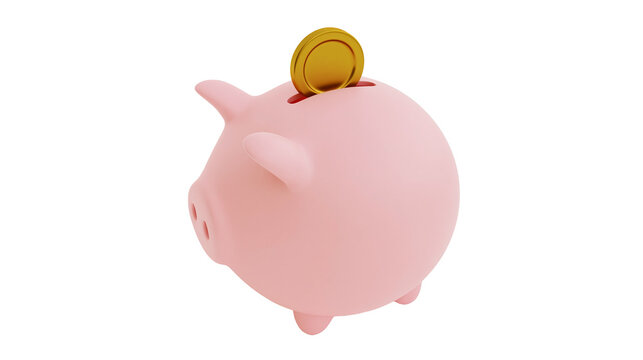 Pink piggy bank with golden coin being inserted, isolated on transparent background