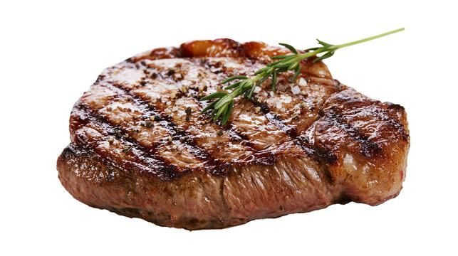 Juicy grilled beef steak with rosemary sprig and coarse salt, isolated on transparent background