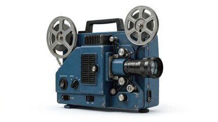 Naklejka premium Retro blue projector isolated on a white background for professional cinematic and media themes. This vintage electronic device