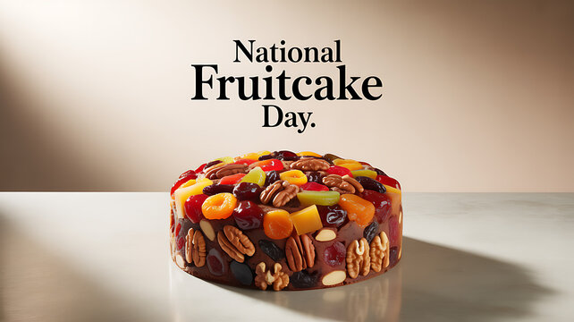 A close-up of a traditional fruitcake topped with dried fruits and nuts, displayed on a reflective surface with text celebrating National Fruitcake Day.