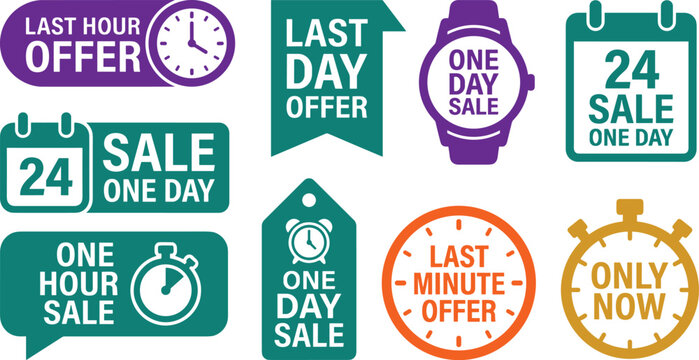 Limited time offer promotion badges with different clock icons and urgency call to action button collection.
