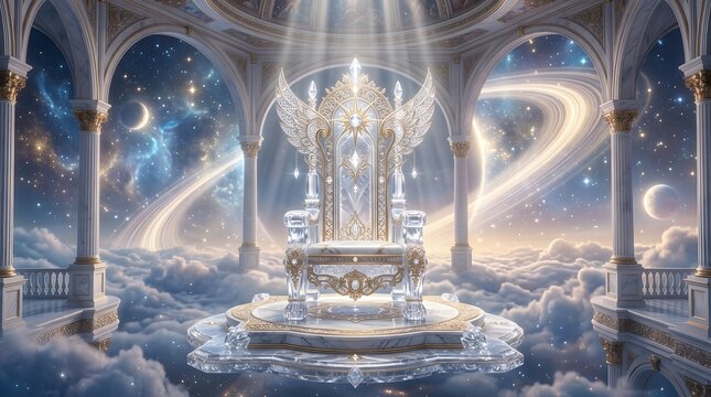 Cosmic celestial throne in grand temple architecture with celestial rings and starry space.