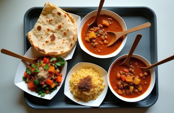Moroccan vegan meal arranged on tray with flatbread tomato soup bean stew couscous and vegetable salad. Disposable plates and wooden spoons for serving. Healthy plant-based food.
