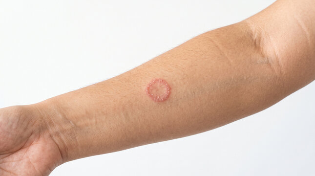 Close up of Human Forearm with Ringworm Fungal Infection Skin Rash Symptoms