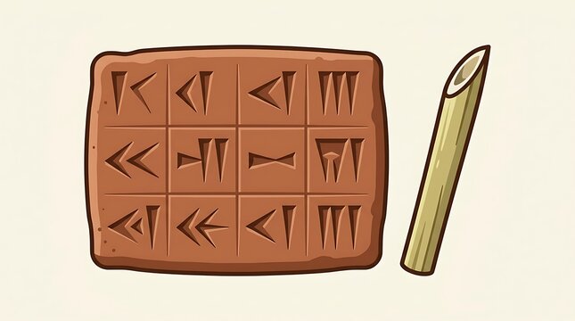 Ancient clay tablet with cuneiform script and stylus