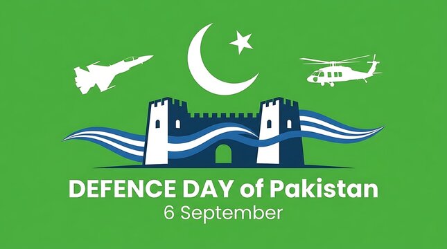 Pakistan defence day 6 september illustration with fort planes and flag symbols