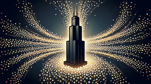 Central skyscraper surrounded by radiating small houses