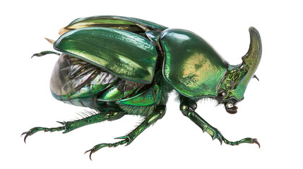 Metallic green rhinoceros beetle with large horn, isolated on transparent background © Claudia
