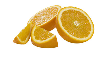 Fototapeta premium Fresh orange slices and wedges, juicy citrus fruit isolated on transparent background