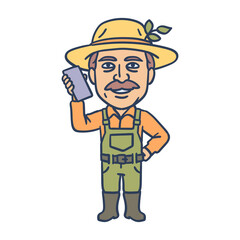 Fototapeta premium Farmer holding smartphone and smiles. Hand drawing