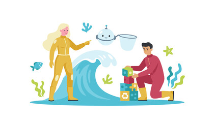 Naklejka premium Environmental protection team cleaning ocean and solving plastic pollution puzzles with help of advanced robotics technology illustration.