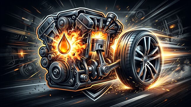 Internal combustion engine with tire and oil drop
