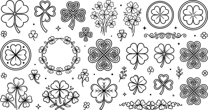 Four Leaf Clover and Shamrock Icon Set with Celtic Knots, Wreaths, and Lucky Coins for Saint Patricks Day Branding, Tattoos, and Irish Holiday Vector Designs