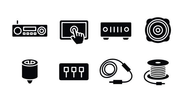 A set of black and white industrial mech icons including a radio, computer, amplifier, record player, satellite dish, cd player, circuit board, cable, and spool of wire.