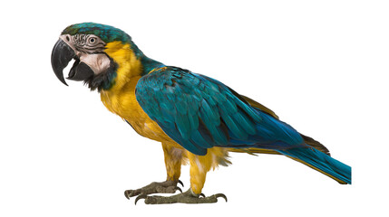 Blue and yellow macaw parrot with open beak, isolated on transparent background © Claudia