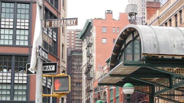 New York City old subway entrance, Franklin street and West Broadway, United States. American underground transport, Lower Manhattan Tribeca traffic. Metropolitan historic retro station, cast iron