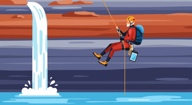 Adventurous man rappelling down a cliff face with safety gear.