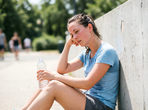 Exhausted woman suffering from heat stroke and dehydration sitting outdoors on hot day