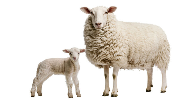 Fluffy white sheep and lamb standing together, isolated on transparent background