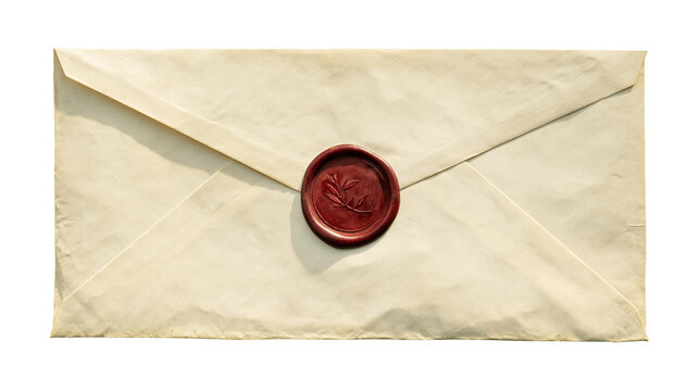 Cream colored envelope with red wax seal, isolated on transparent background