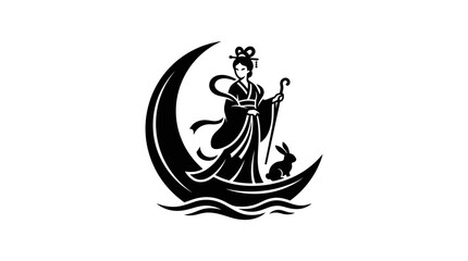Obraz premium A black and white illustration of the Chinese moon goddess Chang e standing on a crescent moon with a rabbit.