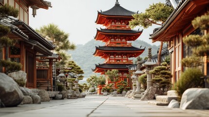 Obraz premium Traditional Japanese pagoda in serene temple courtyard with stone lanterns