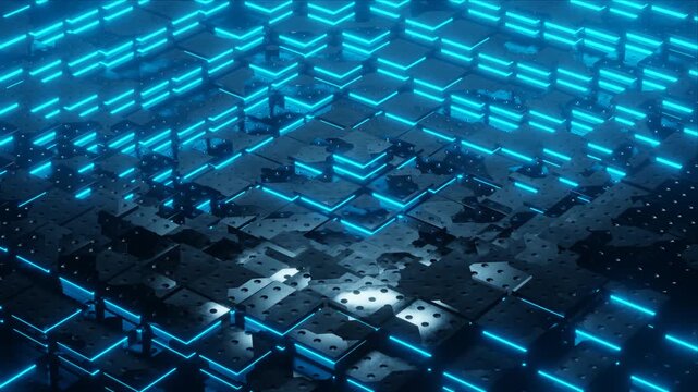 Metallic cubes with blue neon light edges rising in wave motion loop, scifi technology background