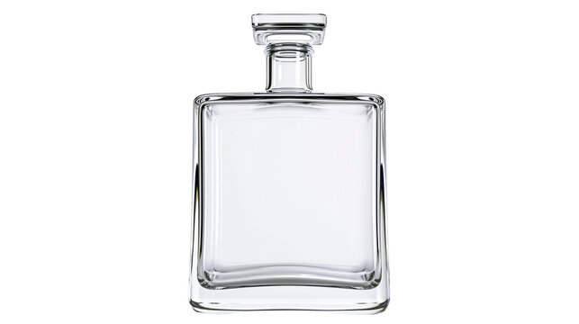 Clear glass decanter bottle with stopper, isolated on transparent background