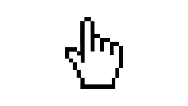 Pixelated black hand cursor pointing upwards, isolated on transparent background