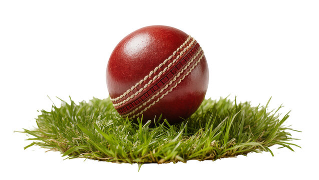 Red leather cricket ball with white stitching on green grass, isolated on transparent background