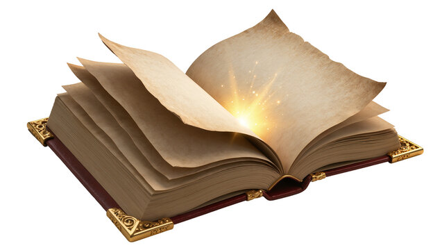 Antique open book with glowing pages and ornate gold corners, isolated on transparent background