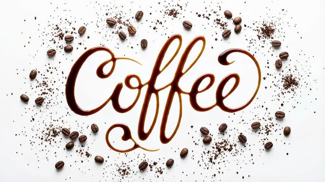 Coffee lettering made from liquid then sprinkled with grounds and beans on a white surface for a morning beverage design.