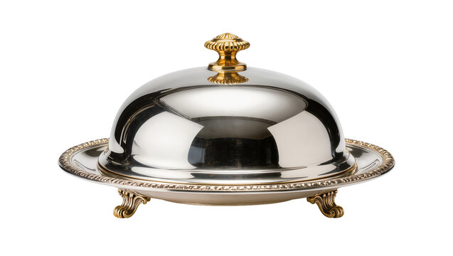 Ornate silver cloche with gold knob and decorative feet, isolated on transparent background
