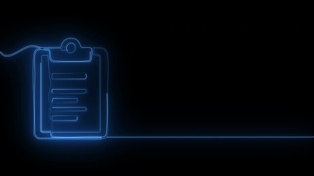 Neon blue clipboard icon illustration glowing with continuous line animation isolated on black background.