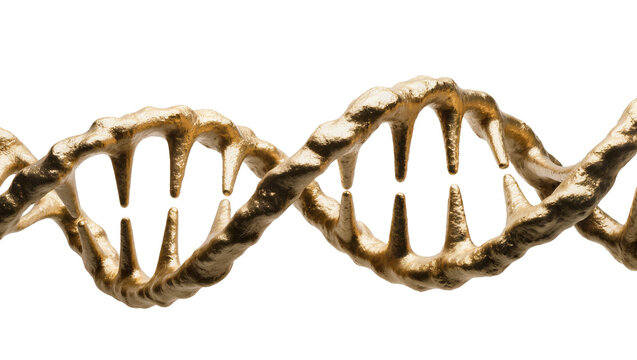 Golden DNA helix structure representing genetic code, isolated on transparent background