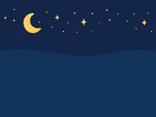 Naklejka premium Night sky background with crescent moon stars and dark blue landscape in minimalist flat style