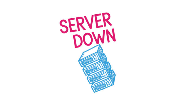 Technical server down concept featuring a stacked rack illustration with bold red text to represent website outages and network connectivity issues.