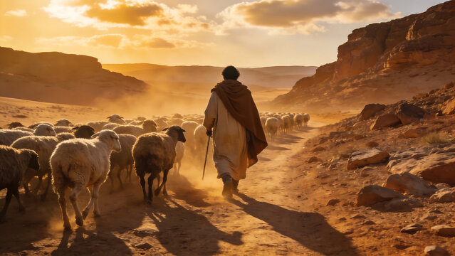 Shepherd with flock in desert at sunset
