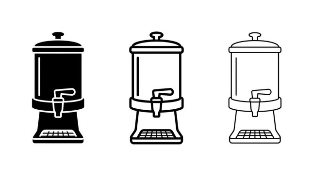 Set of beverage dispensers in black, outline, and white styles on white background