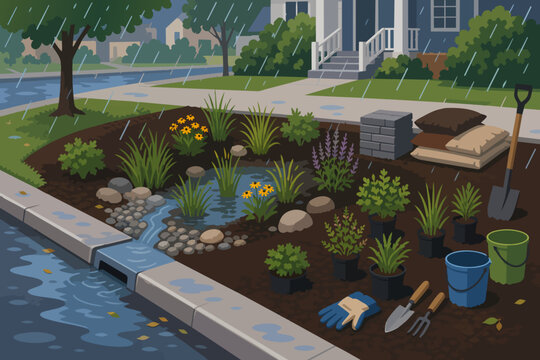 Rain garden installation curb scene Editorial Background