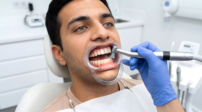 Profilaxis dental profesional, pulido con cepillo rotatorio para eliminar mancha previo a blanqueamiento dental