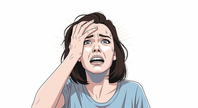 Frustrated woman covering mouth with hand in shock.