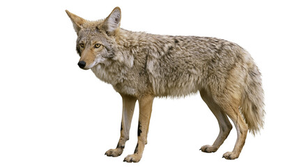 Fototapeta premium Coyote with tan and grey fur standing alert, isolated on transparent background
